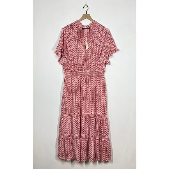NEW Max Studio Maxi Dress Women's Plus Size 3X Red White Smocked Waist Tiered - Picture 1 of 9